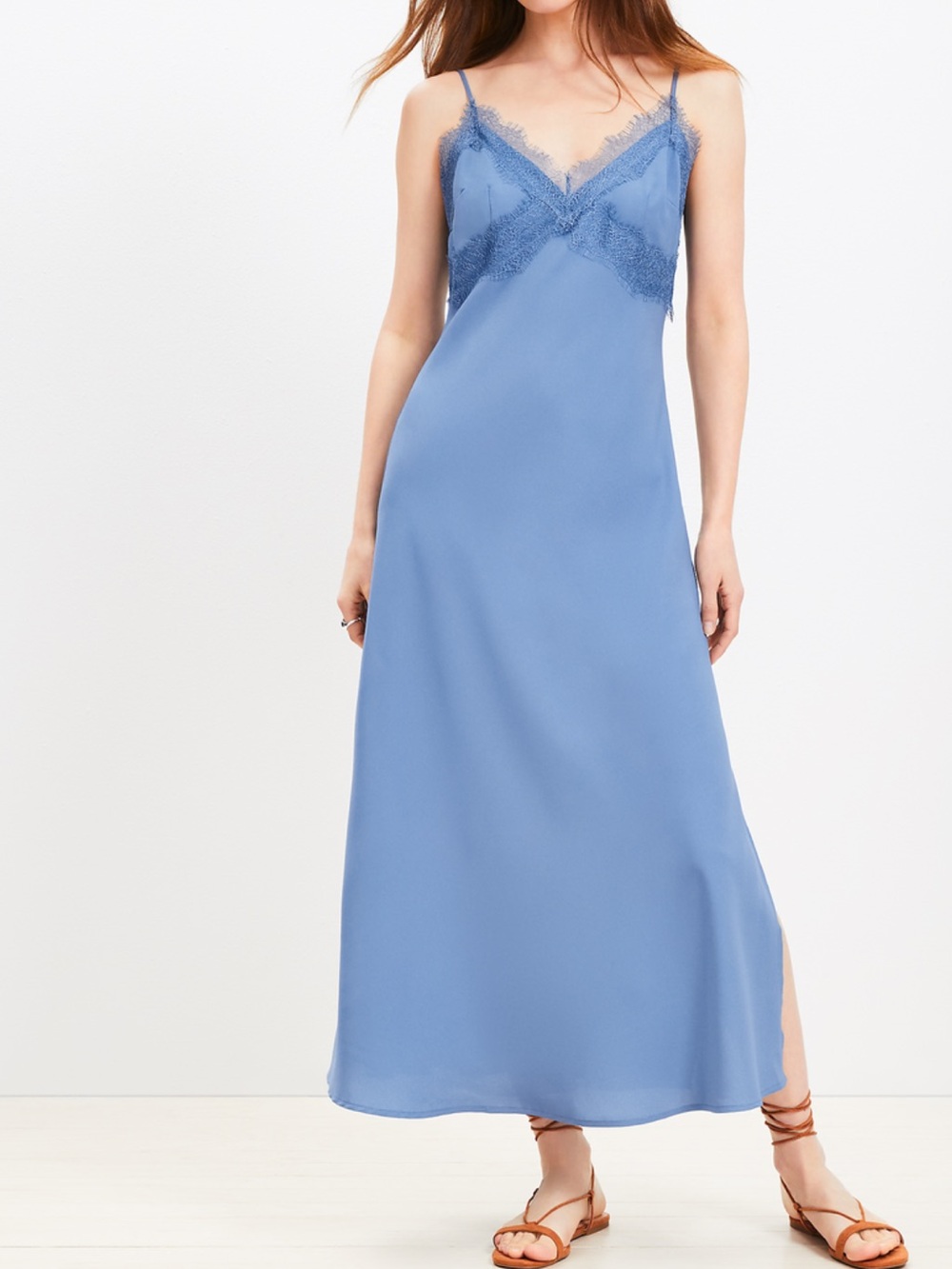 LOFT Lace Trim Midi Slip Dress Precious Sapphire Blue NWT - Picture 3 of 9